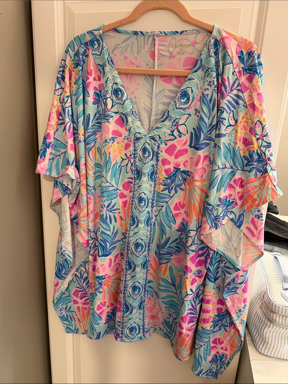 Lilly Pulitzer Blue, Pink & Orange Tropical V-Neck Swim Coverup Kaftan